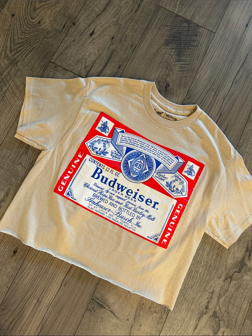 Budweiser Beige Graphic Tee with Red and Blue Label